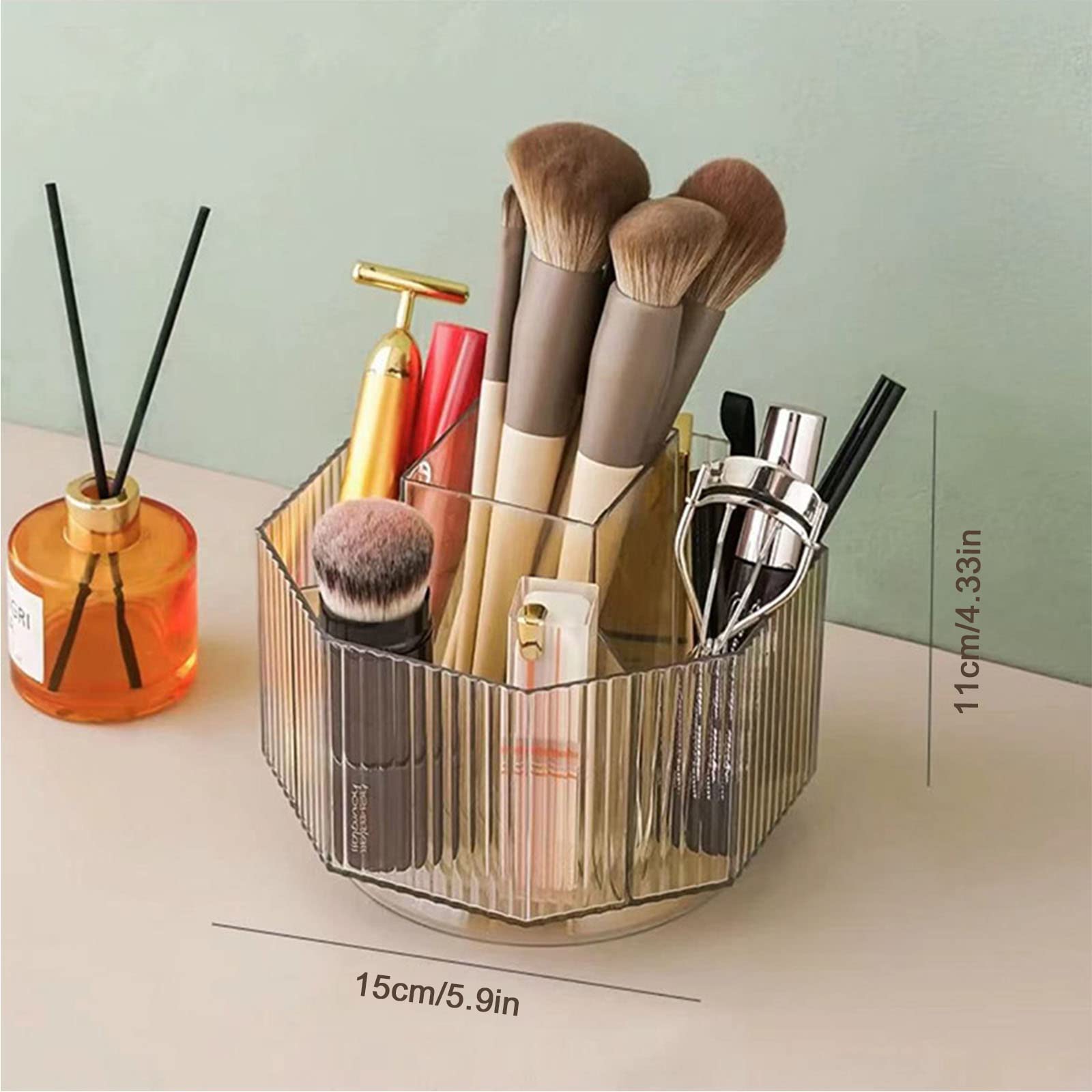 LINFIDITE 360°Rotating Makeup Brush Holder Cosmetic Display Case Clear Makeup Lip Gloss Organizer Case with 5 Slots Round Turntable Storage Tray for Vanity, Bathroom, Counter Organizer Clear White