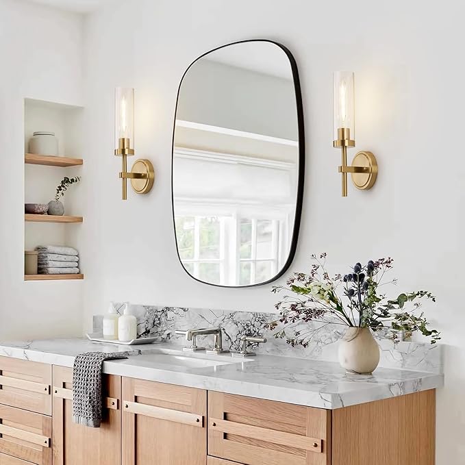 Hardwired Wall Sconces Set of Two, Brushed Gold Bathroom Sconces Wall Lighting Vanity Light Fixtures with Clear Glass, Brushed Brass Wall Decor Lights for Mirror Living Room Bedroom Hallway Stairwell