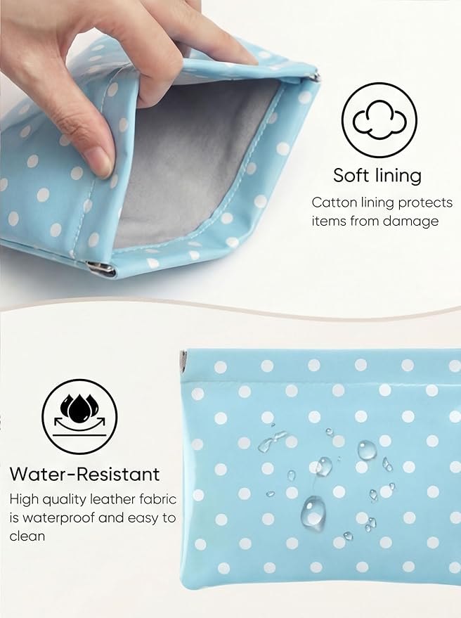 Ksriylm Dots Leather Makeup Pouch Set for Women Small Make Up Bag for Purse Waterproof Initial Makeup Cosmetic Bags Pouches for Purse Aesthetic Travel Toiletry Bag,Blue White