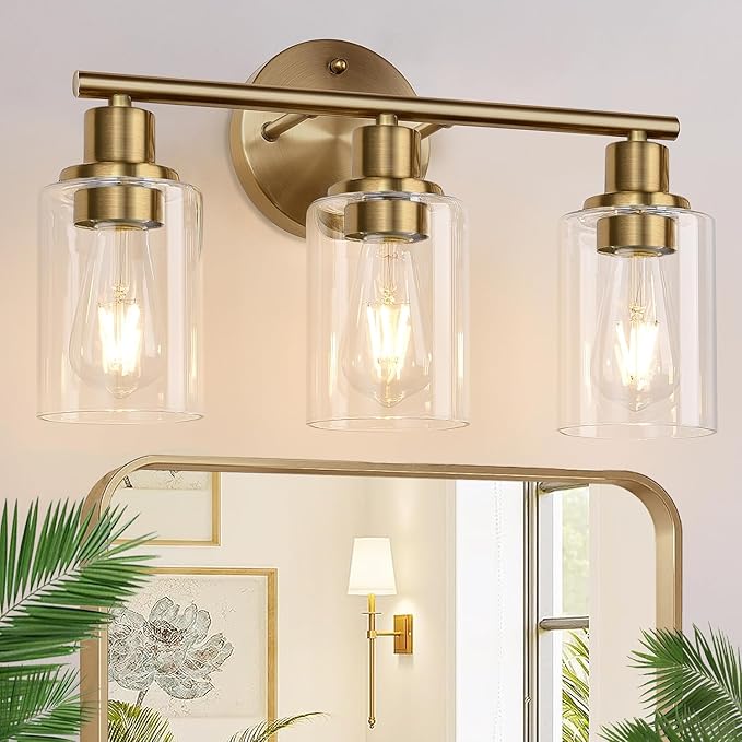 Zarbitta 3-Light Bathroom Light Fixtures, Brushed Brass Bathroom Wall Lights with Clear Glass Shade, Modern Bathroom Wall Lamp for Mirror Kitchen Living Room Hallway Cabinet