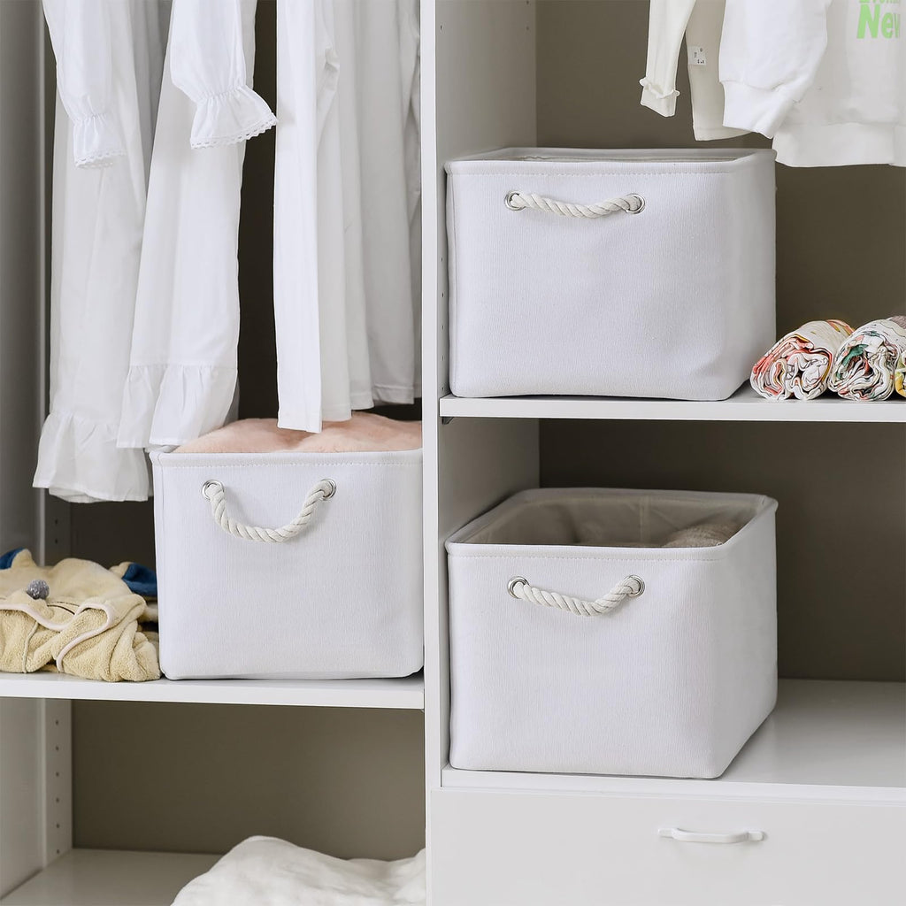 TheWarmHome Storage Basket for Shelves - 15.8x11.8x11.8 inch 3 Pack Fabric Storage Cubes, Collapsible Storage Bin for Organizing Organizer Closet Book Gift Dog(White)