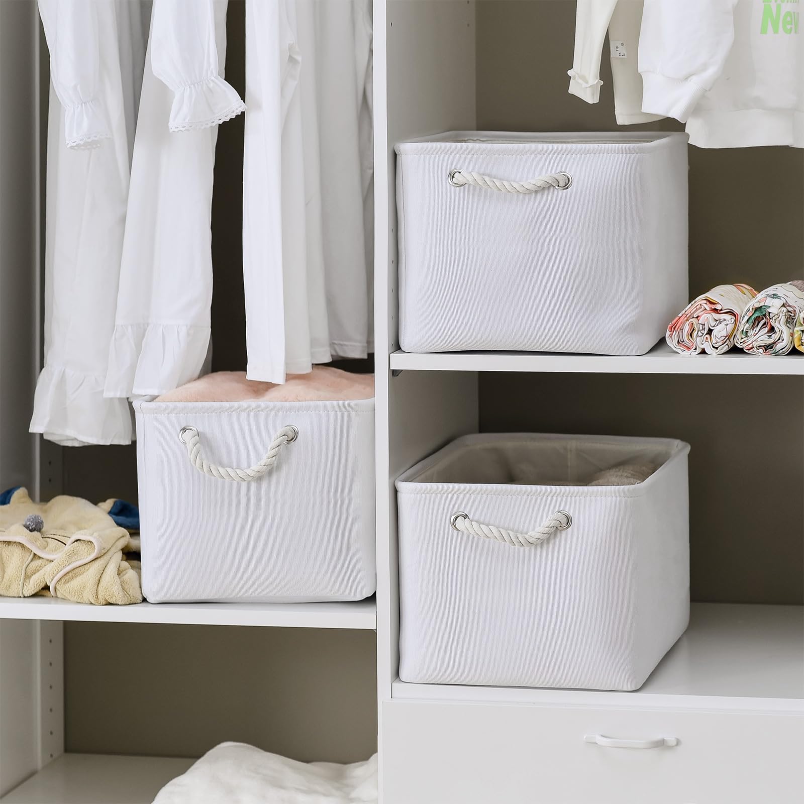 TheWarmHome Storage Basket for Shelves - 15.8x11.8x11.8 inch 3 Pack Fabric Storage Cubes, Collapsible Storage Bin for Organizing Organizer Closet Book Gift Dog(White)