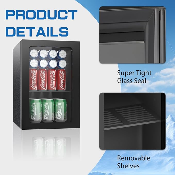 Erivess Compact Freestanding Beverage Refrigerator, 24 Can/0.9 Cubic Feet Mini Fridge with Acrylic Front Door for Soda, Beer or Wine, Under Counter Small Refrigerator with Adjustable Shelves for Home