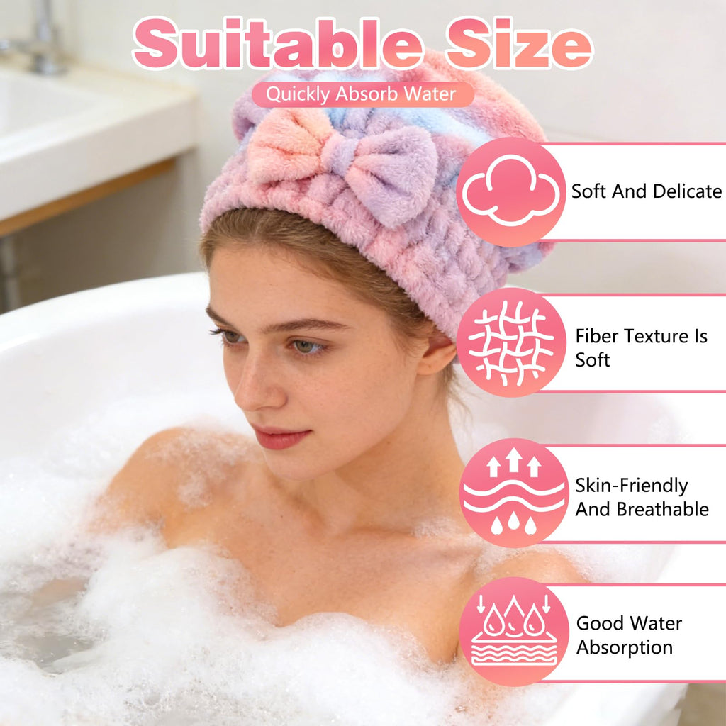 2PCS Super Absorbent Hair Towel Wrap for Wet Hair,Microfiber Hair Drying with Caps Bow Design,2026 New Fast Drying Hair Turban Wrap Towels Shower Cap for Girls and Women (Mix)