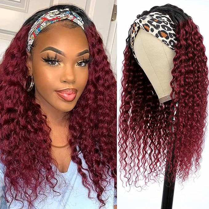 Aiterina Headband Wig deep wave human hair wigs for Black Women Brazilian Remy Hair Glueless Non Lace Front Wig 150% Density (20 inch, 1B/99J)