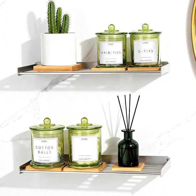 4 Pack Bathroom Organizers and Storage - 16 Oz Glass Qtip Holder & Cotton Pad Dispenser with Lid, Apothecary Jars for Home, Room Decor, Kitchen Organizer (Green)