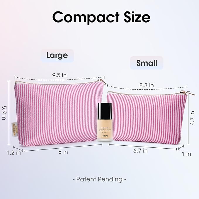 Wandering Nature Makeup Bag Small Cosmetic Bag for Purse 2 Pack Small Make Up Pouch Cute Travel Pouch with Zipper for Women, Pink Stripe