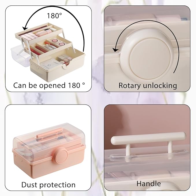 RAMFIYN Pink Makeup Storage, Pink Tackle box for Women with Handle. Cosmetic Storage Box Organizer, Portable 3 Layers Makeup Case for Home