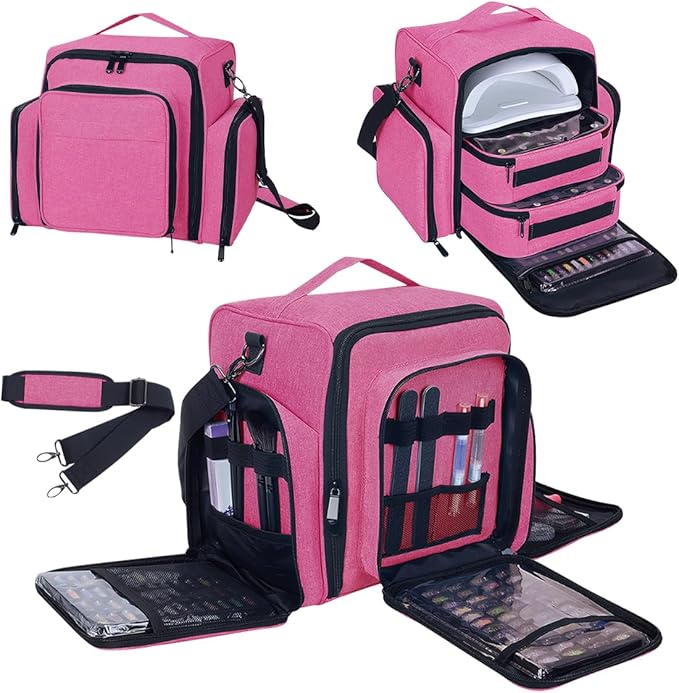 YAHOURWAT Nail Polish Organizer Holds 60 Bottles and a Nail Lamp,Portable Travel Case with 2 Removable Bags and Tools Storage Pockets Rose Red
