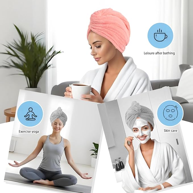 Microfiber Hair Drying Towel Wrap for Women, Hair Turbans Towel for Wet Hair,turbie Twist Hair Towels(The Color of the Picture is for Reference only) (Pink，Gray)
