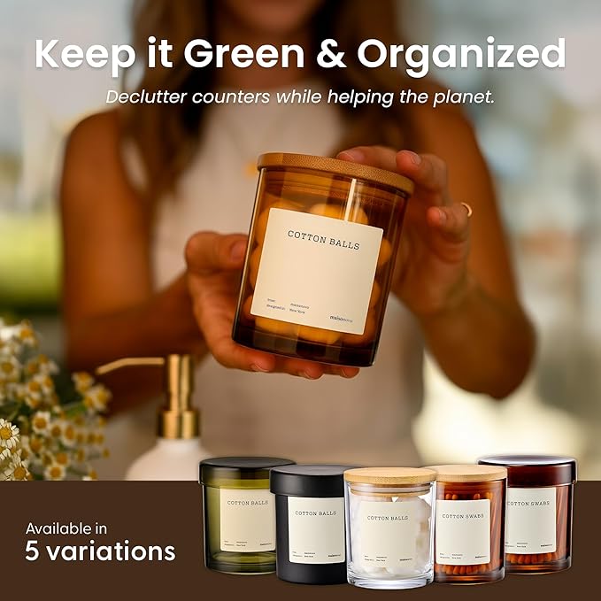 MaisoNovo Qtip Holder Bathroom Set – Airtight Cotton Ball Holder with Lid to Store Cotton Rounds, Swabs, Floss Picks, Hair Ties with free labels pack - 2 Amber Jars with Bamboo Lids