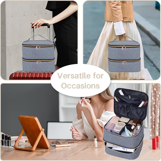 TANPADUAJI Double Layer Makeup Bag Portable Large Cosmetic Case Organizer with Adjustable Dividers Storage Travel Bag for Accessories Brushes Conditioner and Skin Care Products (Gray Gold)