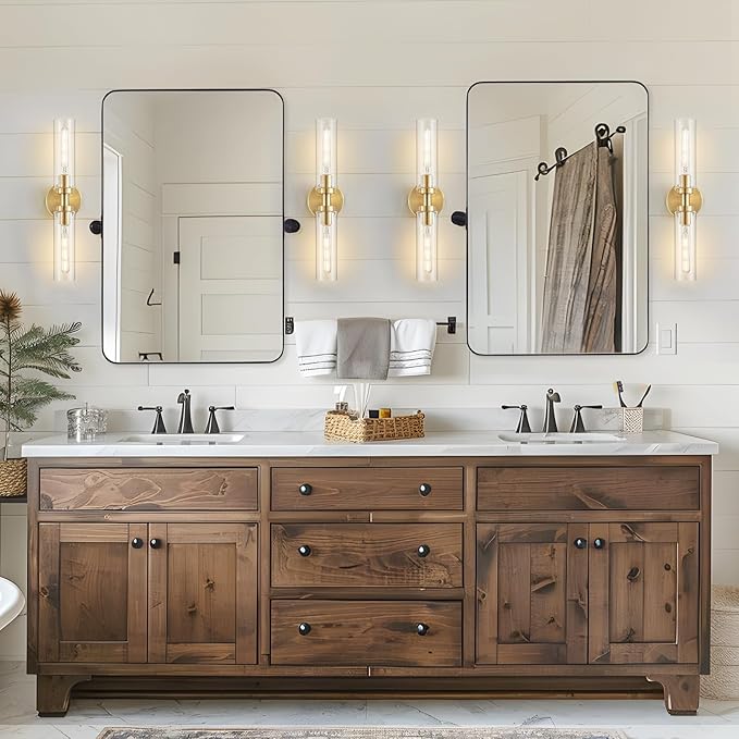 2-Light Brushed Brass Gold Bathroom Light Fixtures Over Mirror Modern Vanity Light Wall Lighting with Clear Glass Shade for Bathroom, Bedroom, Hallway, Cabinet