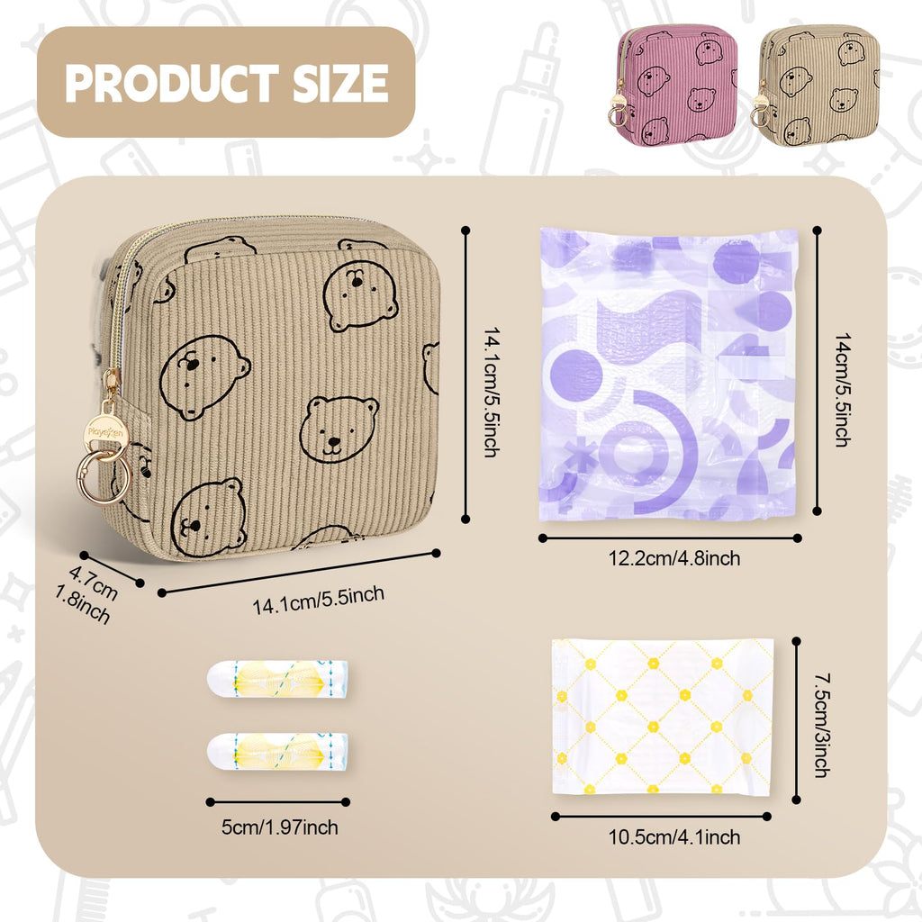Playexen Period Bag for Teen Girls, Corduroy Sanitary Napkin Storage Bag, Menstrual Pad Pouches Tampon Holder for Purse (Bears-Pink)