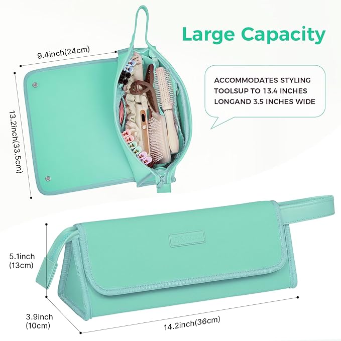 Hair Tools Travel Bag and Heat Resistant Mat, 2 in 1 Portable Organizer Hair Travel Case for Curling Iron, Hair Straightener, Flat Irons, PU Hangable Handle, Neoprene (Blue-Green)