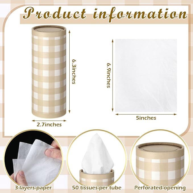 Fourluoo 12 Set Green Plaid Tissue Boxes for Car Cylinder Bulk Fresh Plaid Round Cylinder Holder with 3 Ply Facial Tissues for Spring Summer Travel Bathroom Office Decoration