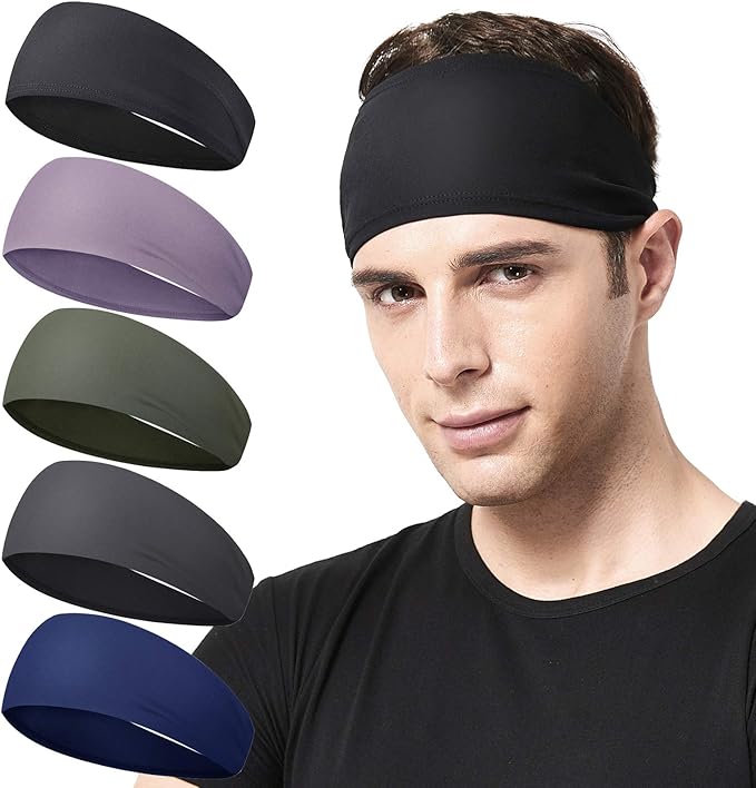 Acozycoo Mens Running Headband,5Pack,Mens Sweatband Sports Headband for Running,Cycling,Basketball,Yoga,Fitness Workout Stretchy Unisex Hairband (Black, Green, Dark Gray, Dark Blue,Light Purple)