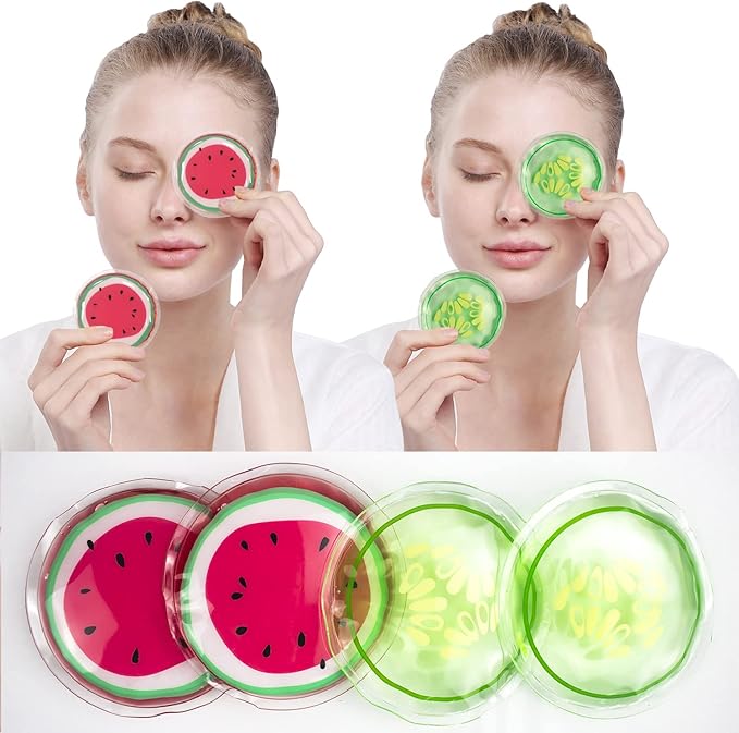 CONBELLA Hot and Cold Eye Pads, reusable eye patches - Soothing, Revitalizing, Puffiness, Refresh, Relieves Stress, Relax, Relieves Puffiness and Tension(2 watermelons + 2 cucumbers)