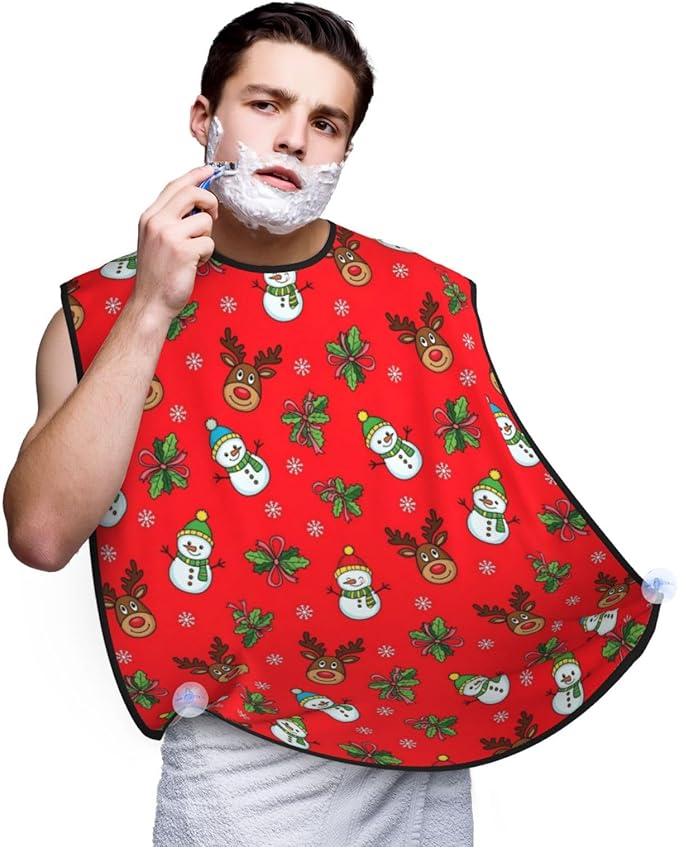 Men's Shaving Accessory Christmas Red Deer Snowman, Waterproof Beard Apron with Hair Catcher & Suction Cups