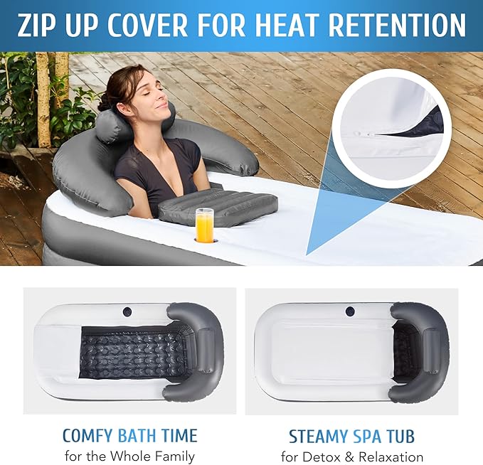 CO-Z Inflatable Bathtub With Electric Air Pump, Portable Tub With Blow Up Bath Pillow Cover, Drainage Cup Holder, Foldable Outdoor Freestanding Tub for Adults, Gray