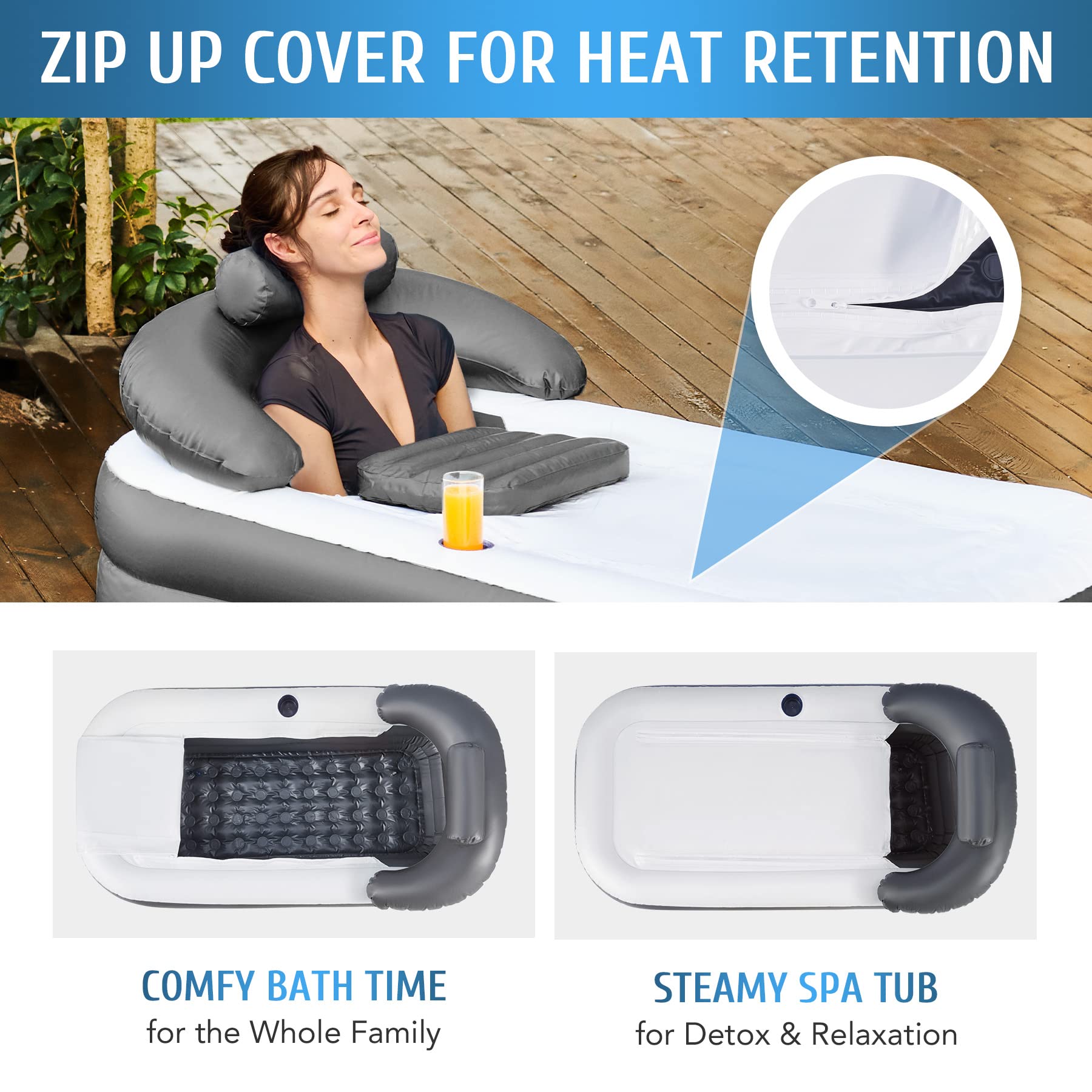 CO-Z Inflatable Bathtub With Electric Air Pump, Portable Tub With Blow Up Bath Pillow Cover, Drainage Cup Holder, Foldable Outdoor Freestanding Tub for Adults, Gray