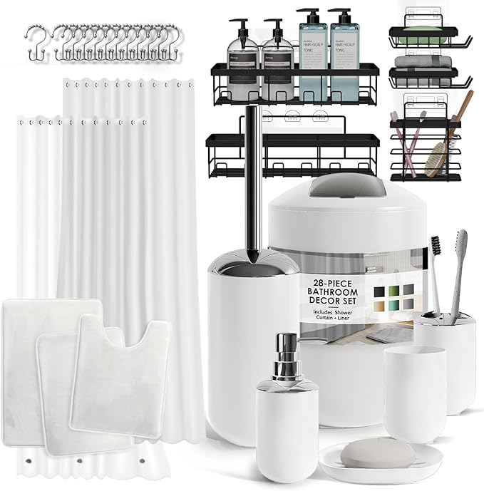 Clara Clark Bathroom Accessories Set - 23PC Shower Curtain Set with Bathroom Trash Can, Green Bathroom Set, Bathroom Sets with Shower Curtain and Green Rugs