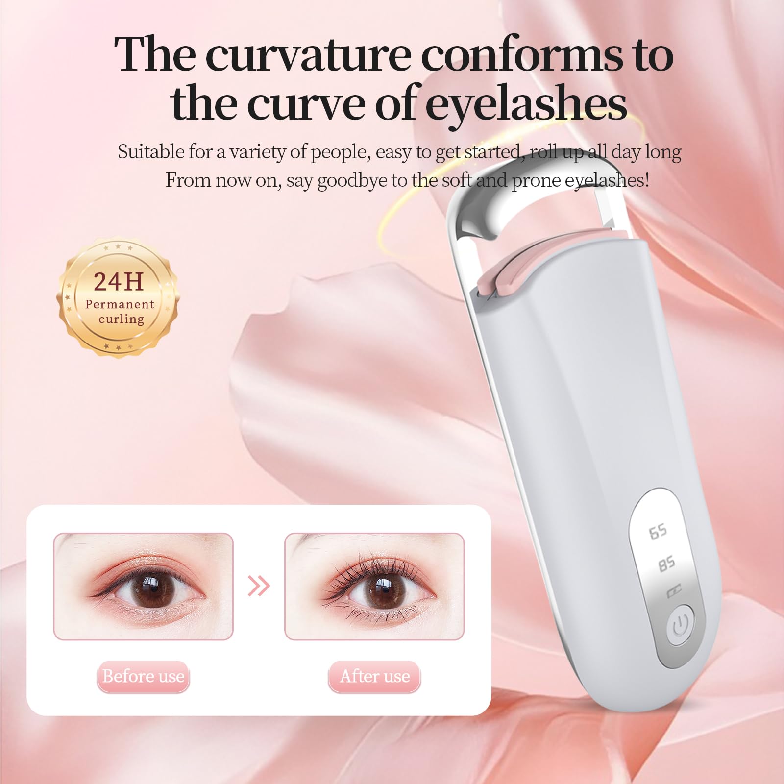 Hsenowi Heated Eyelash Curler for Natural Lashes 2 Level Adjustable Temperature Mini Electric Lash Curler Fast 3 Second Heat Up 24 Hours Long Lasting Curl (Pink Purple)