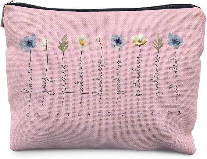 Likjad Christian Gifts Makeup Bag, Floral Christian Cosmetic Bags for Women, Galatians 5:22-23 Bible Verse Makeup Pouch, Faith Based Gifts Zipper Pouch(pink)