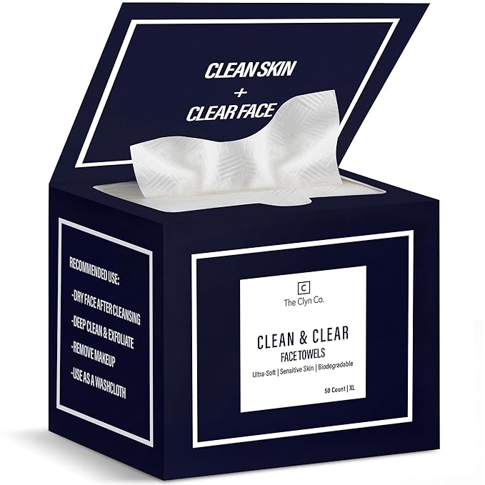 Clean & Clear Face Towels, Disposable Luxury Facial Towels, 100% Viscose Lint-Free Ultra Soft Dry Wipes for All Skin Types, Facial Drying & Gentle Makeup Removal, XL 10×12 Size, 50 Count