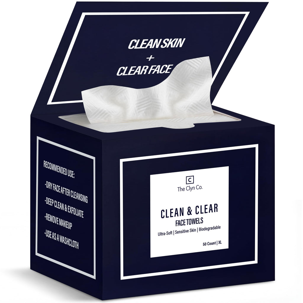 The Clyn Co. Clean & Clear Disposable Face Towels for Sensitive Skin, 50 Ct