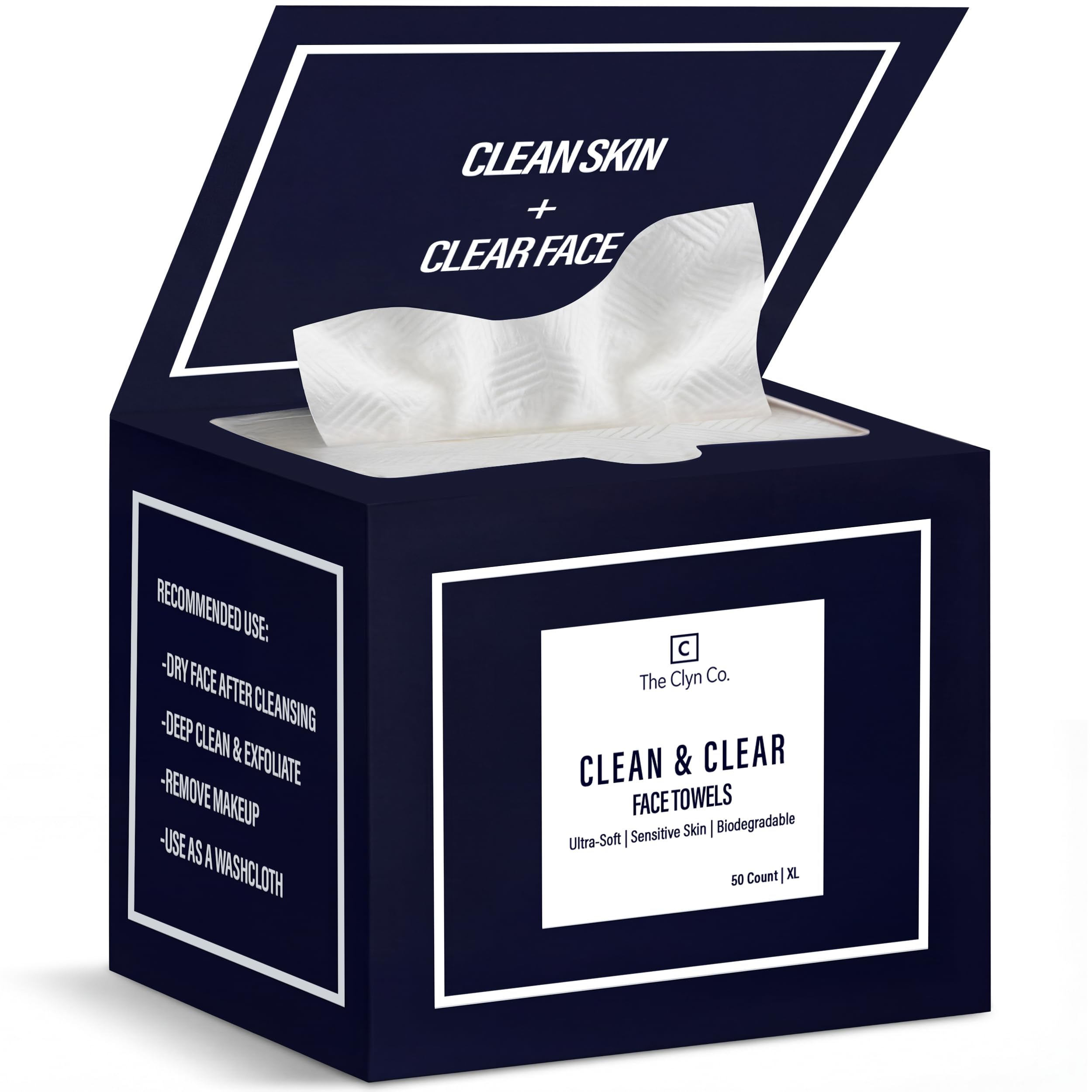The Clyn Co. Clean & Clear Disposable Face Towels for Sensitive Skin, 50 Ct