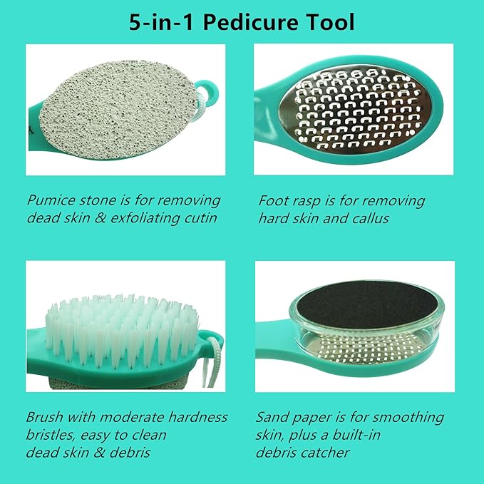 YIOYOODA Foot File Callus Remover 5-in-1, 2 Pcs Feet Scraper Pedicure Tools with Pumice Stone, Scrubber Brush, Stainless Steel Foot Rasp and Sand Paper Debris Catcher, Multi Purpose, Cyan