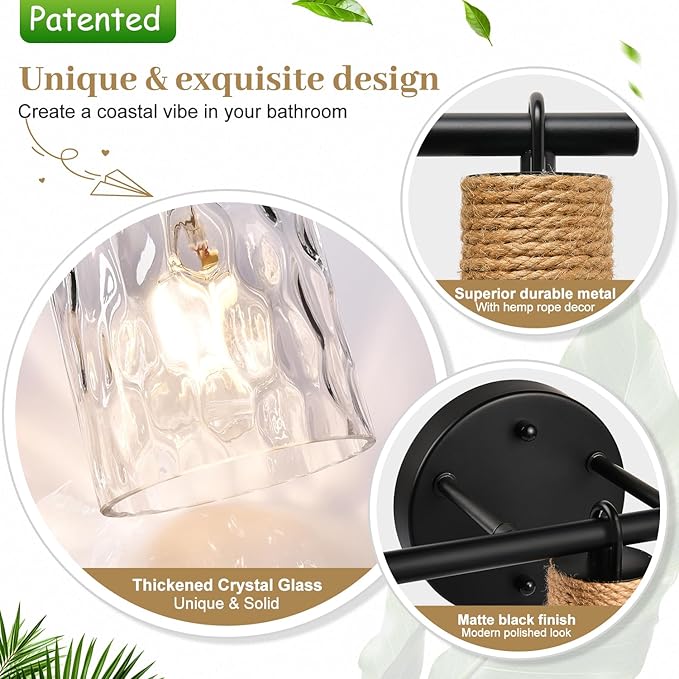 Bathroom Light Fixtures, 3-Light Coastal Vanity Lights with Crystal Glass Shade, Black Bathroom Wall Lamp for Mirror Kitchen Hallway Cabinet