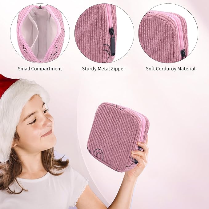 Sanitary Napkin Storage Bag, Corduroy Period Bag for Women, Cute Portable Period Pouch with Zipper, Sanitary Pads Bag Tampons Holder for Purse, First Period