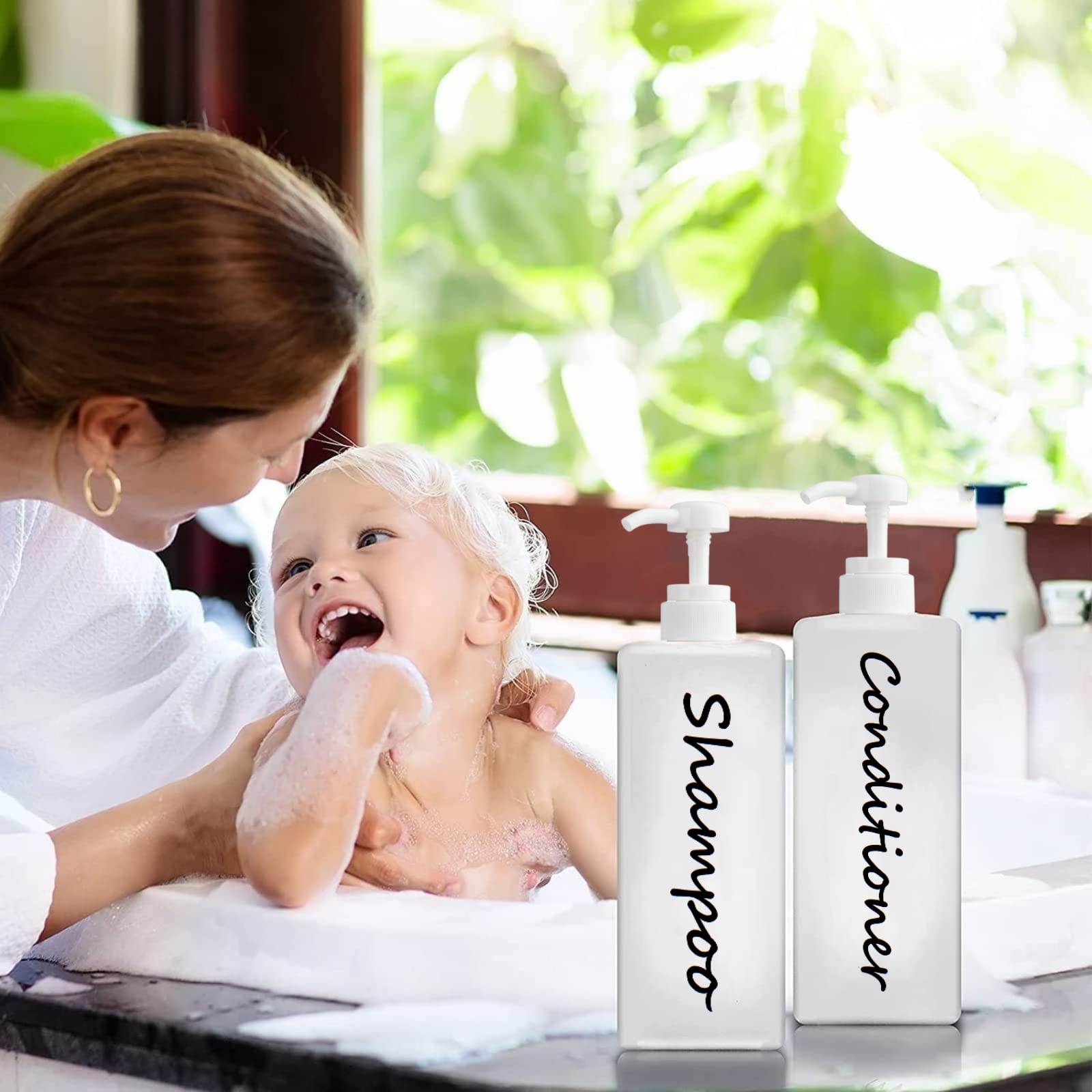 21oz Shampoo and Conditioner Dispenser (Set of 3) Modern Refillable Shampoo Pump Bottles for Shower Soap - Empty Shampoo Conditioner Body Wash Dispenser Set - Stylish Permanent Labels - for Bathroom