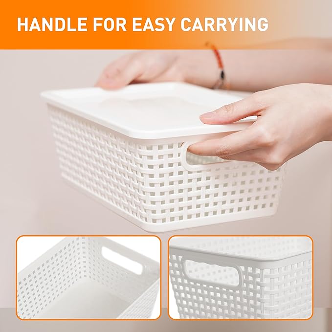 Anywish Plastic Storage Baskets With Lid, Storage Bins for Organizing, Stackable Decorative Containers for Shelves Drawers Desktop Closet Playroom Classroom Office, 10 Pack-White