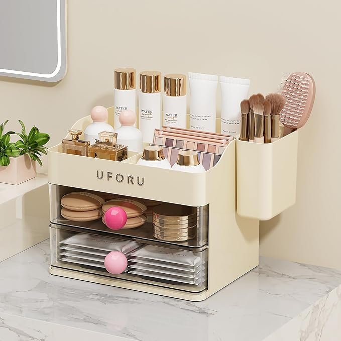 UFORU Makeup Organizer for Vanity with Brush Holder, Countertop Skincare Organizer with 2 Drawers, Spacious Cosmetic Display Case for Perfumes, Eyeshadow Palettes, Nail Polishes