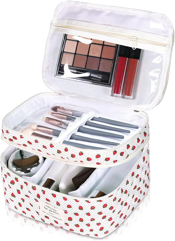 Gosect Makeup Bag, Portable Travel Make up Bag, Large Capacity Quilted Cosmetic Organizer Bag, Cute Floral Toiletry Bag for Women Girls (Strawberry)