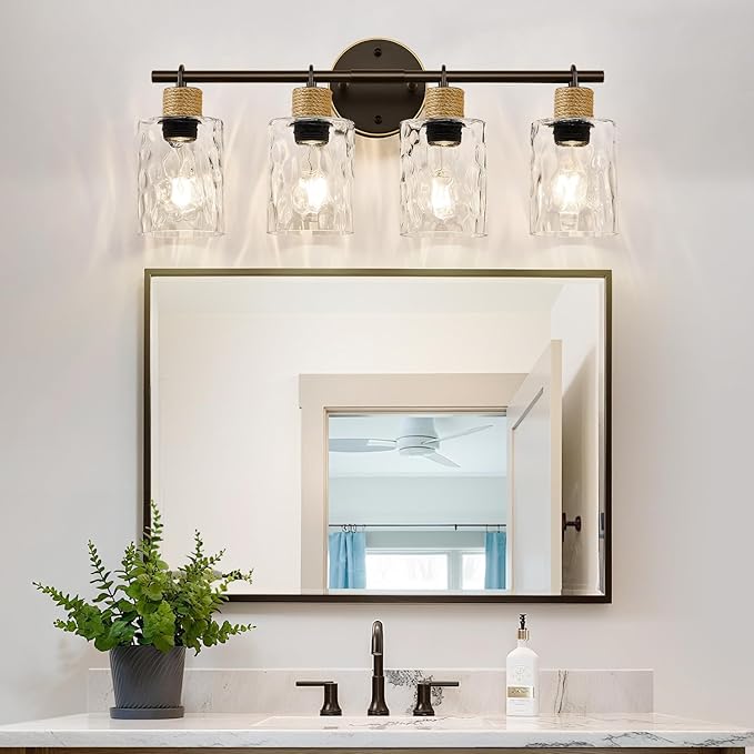 Bathroom Light Fixtures, 4-Light Coastal Vanity Lights with Crystal Glass Shade, Oil-Rubbed Bronze Bathroom Wall Lamp for Mirror Kitchen Hallway Cabinet