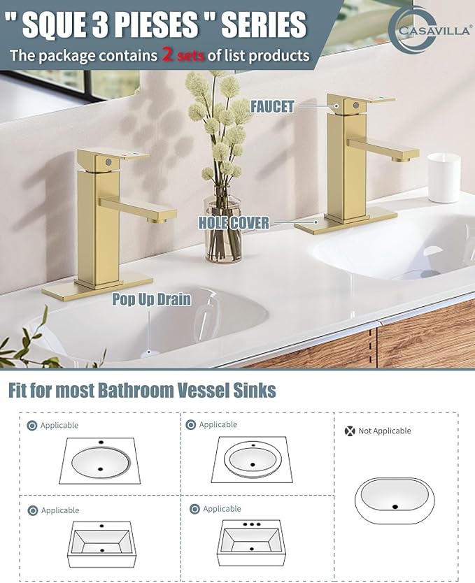 Bathroom Sink Faucet, Brushed Gold Bathroom Faucet 3 Hole with Pop-up Drain and Vessel Sink Hole Cover 6", Stainless Steel Single Handle Faucets for Bathroom Sink-2 Sets