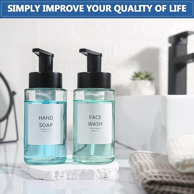 Foaming Soap Dispenser, 10 oz/300ml Foaming Hand Soap Dispenser, 4 Pack Glass Dispenser for Bathroom & Kitchen, Clear Refillable Foam Dispenser Bottle with Waterproof Labels