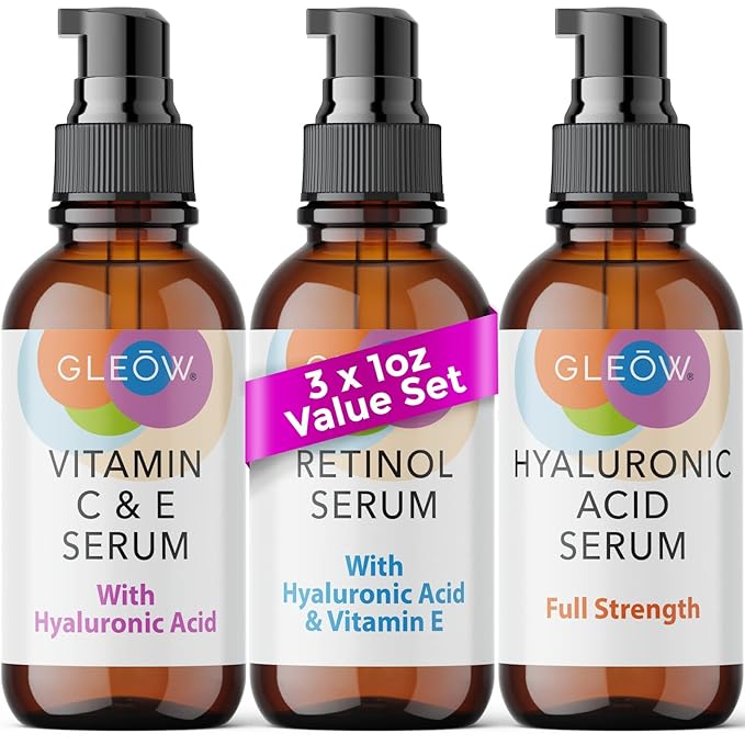 GLEOW Skincare Set: Retinol, Vitamin C, and 99% Hyaluronic Acid Serum, Face Serum Set Targets Appearance of Uneven Skin and Dryness, Total Package Serum Set 3x1 oz