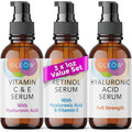 GLEOW Skincare Set: Retinol, Vitamin C, and 99% Hyaluronic Acid Serum, Face Serum Set Targets Appearance of Uneven Skin and Dryness, Total Package Serum Set 3x1 oz