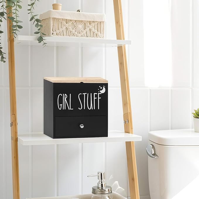 Tampon Holder for Bathroom, Feminine Product Organizer Pad Case with Lid, Pad and Tampon Organizer, Bathroom Accessories Box for Girl Stuff (Black with Drawers)