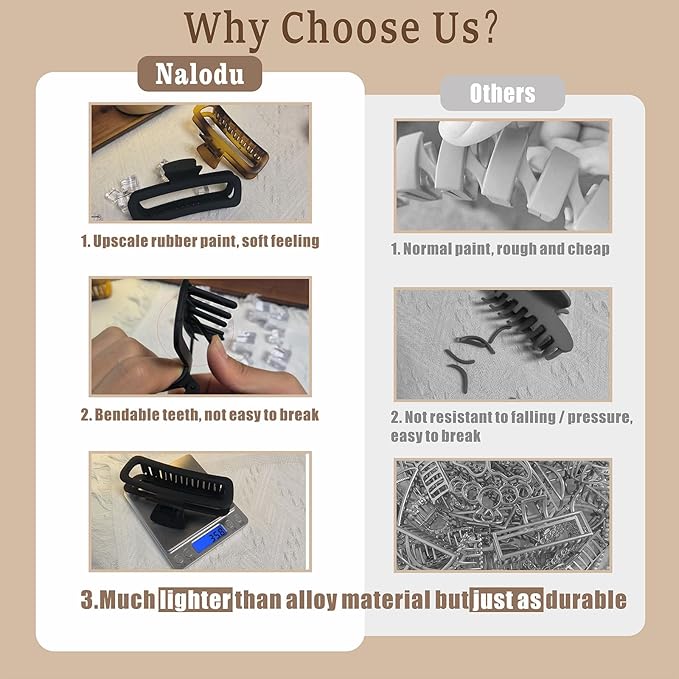Nalodu Hair Claw Clips 5 Inch Unbreakable Extra Large Square Rectangle Matte XL Claw Clip Clamp Neutral Colors for Thick Curly Long Hair Women - 2 Pack
