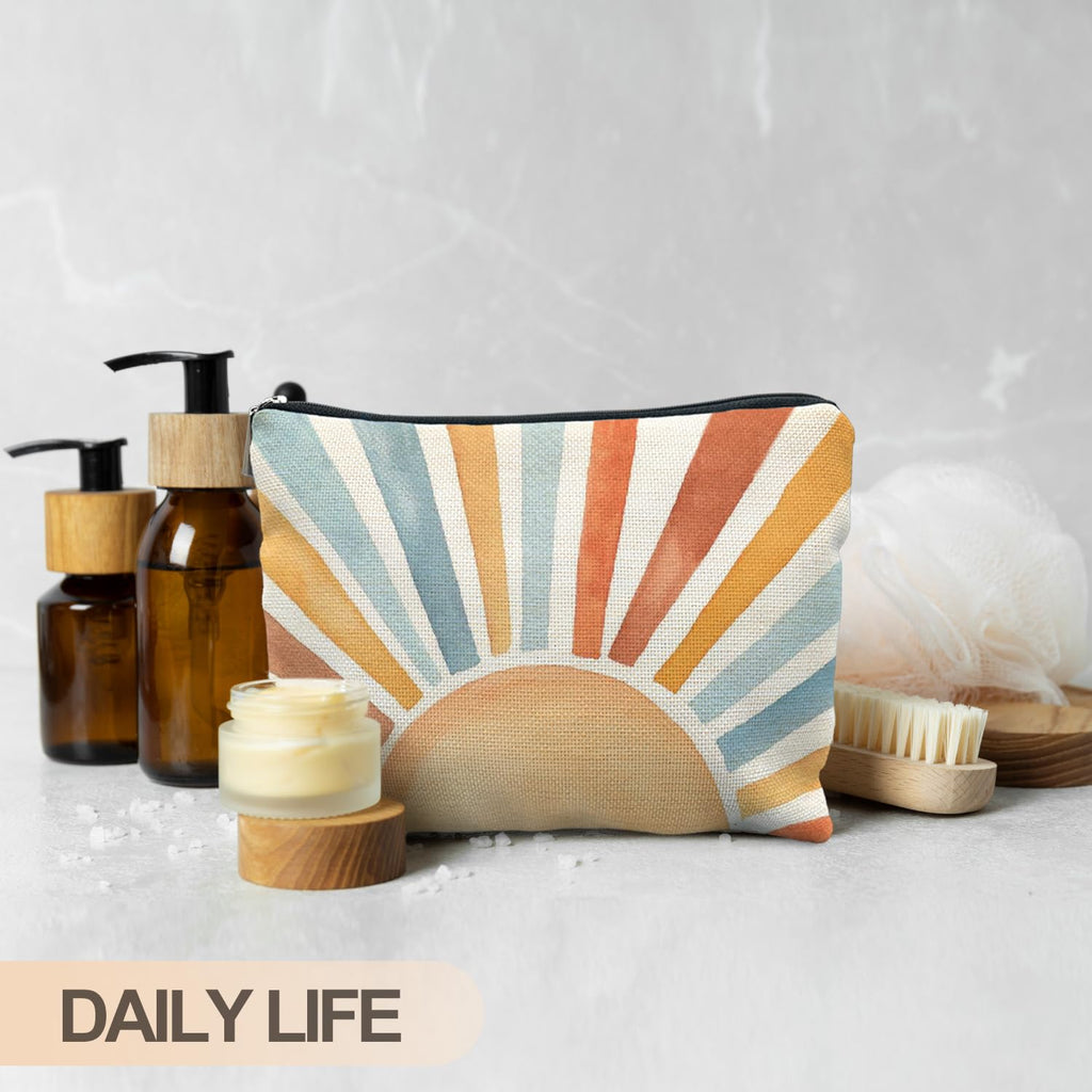 RYYCDOI Vintage Boho Colorful Sun Sunrise Sunset Makeup Bag, Sunshine Gifts Cosmetic Bags for Women, Boho Gifts for Women, Retro Mid Century Modern Art Zipper Makeup Pouch