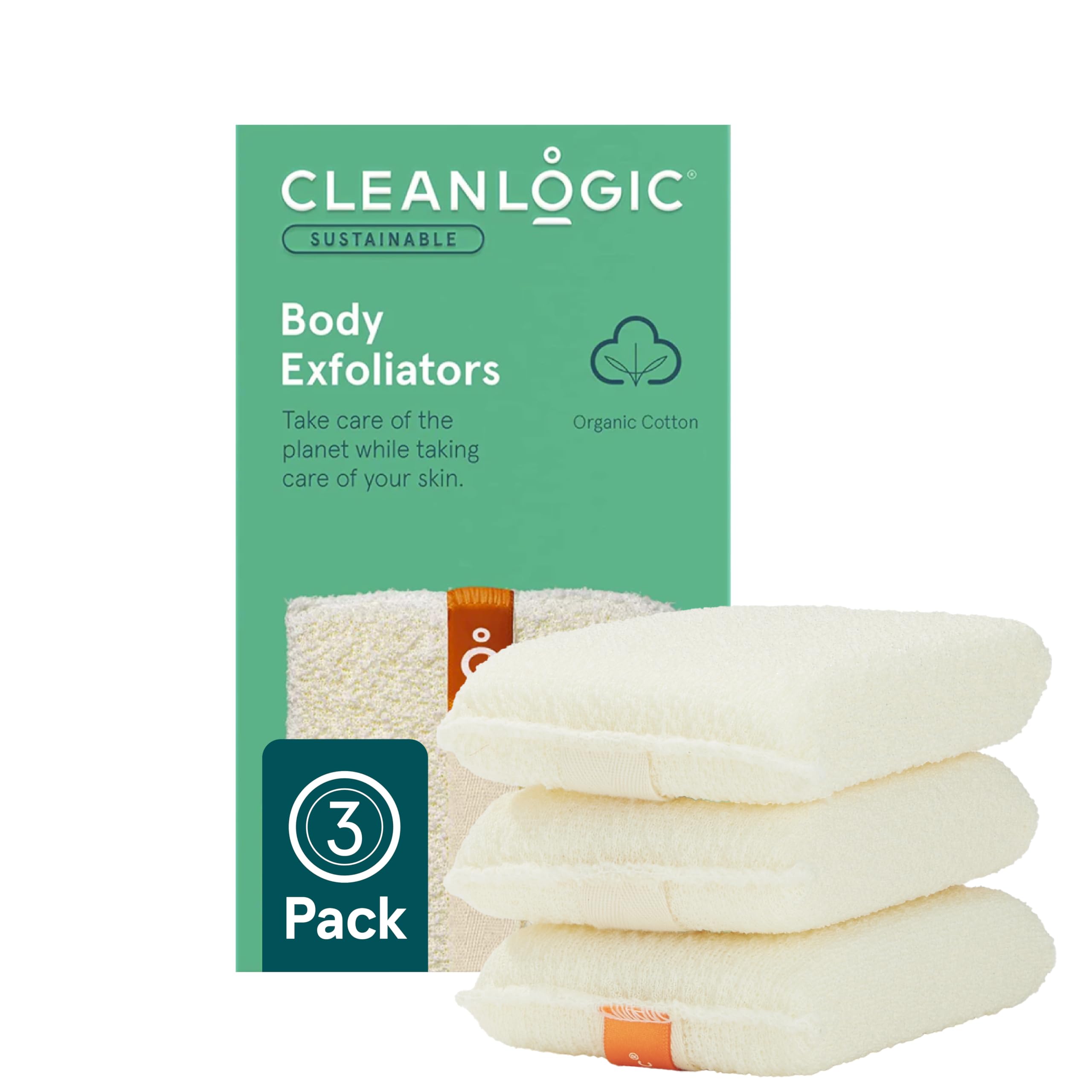Cleanlogic Organic Cotton Small Exfoliating Body Scrubber (3.3 x 5.5 in) – Deep Cleansing Shower Exfoliator for Athletes, Fast-Drying Dead Skin Remover for Full Body – 3 Count Value Pack
