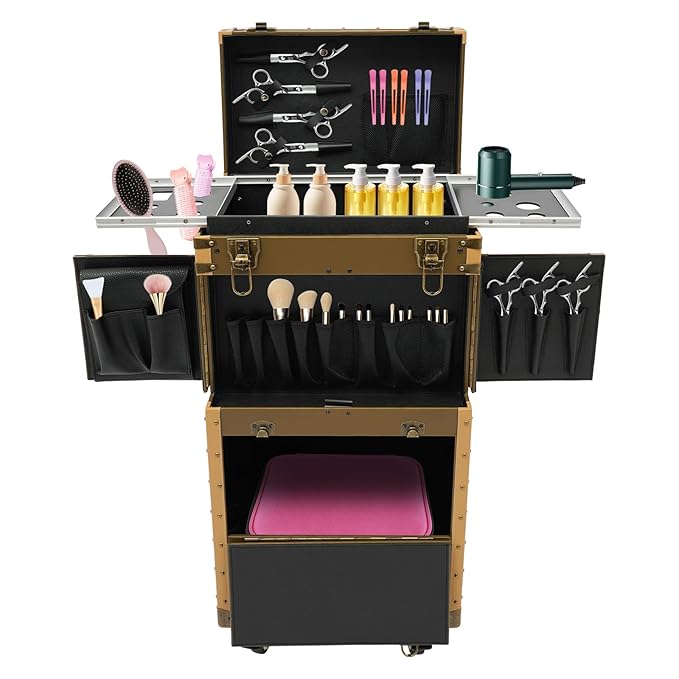 CNCEST Beauty Salon Luggage,Rolling Lockable Makeup Train Case Hairdressing Trolley Stylist Beauty Salon Cosmetic Luggage Travel Organizer Tool Box with Hair Dryer Holder (Gold)