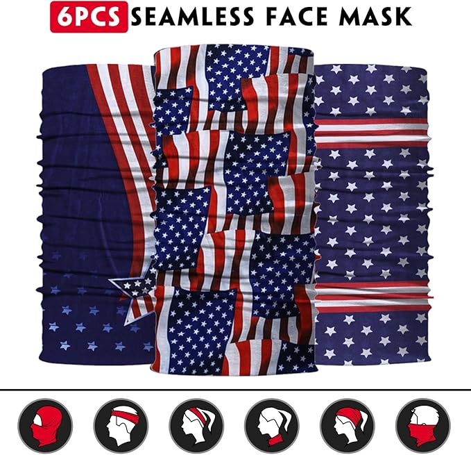 Venswell Neck Gaiter Face Mask Men Women,Seamless Bandana Rave Face Cover Scarf Mask,Balaclava,Headband, Head Wrap,Headwear (A-Blue+Red Flag)