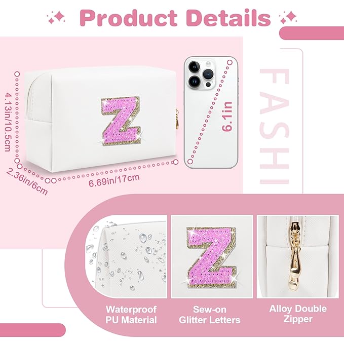 Small Initial Patch Makeup Bag Personalized Gifts Make Up Bag,White Cute PU Leather Glitter Letter Cosmetic Bag with Zipper,Trendy Portable Travel Toiletry Pouch,Preppy Stuff for Teen Girls Women Z
